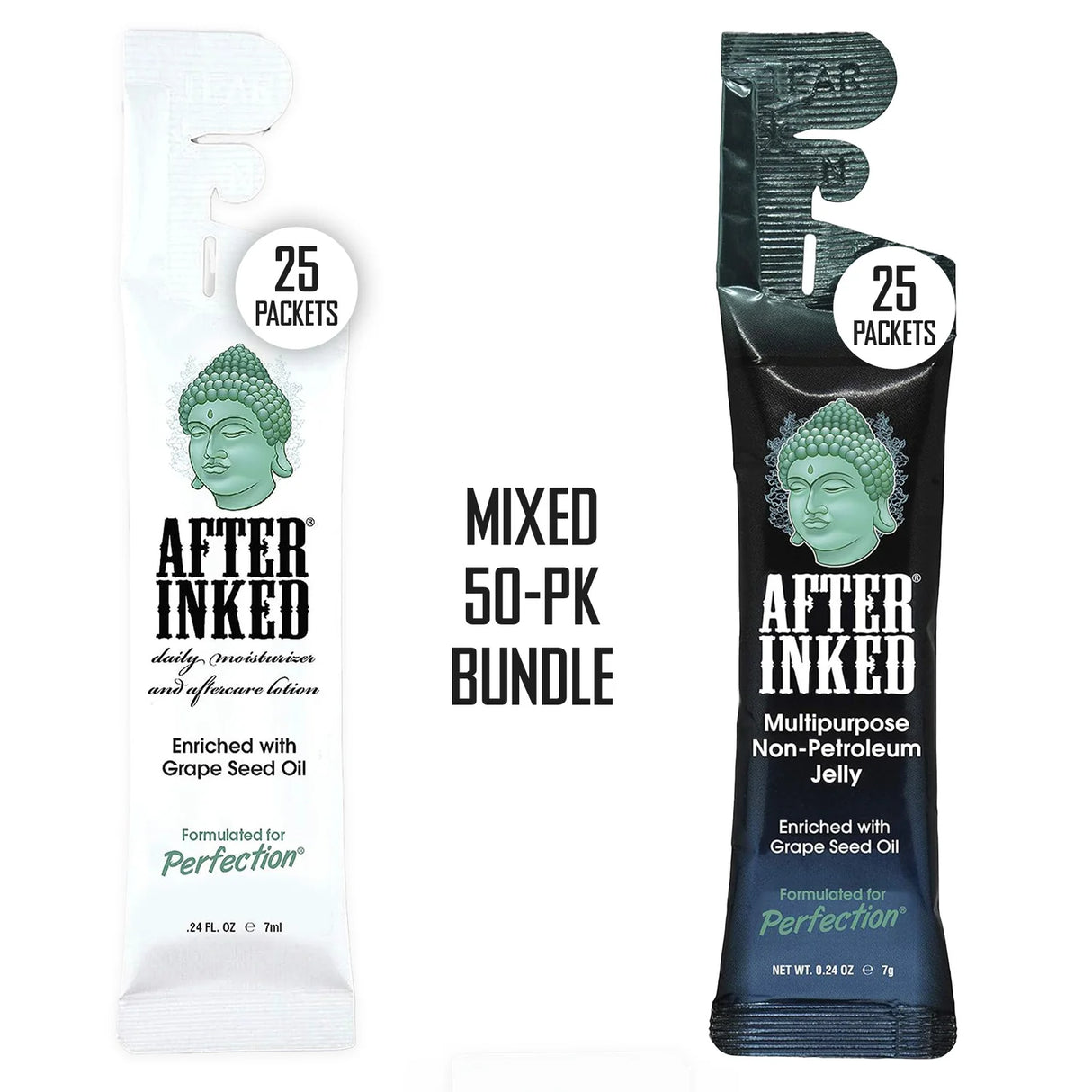After Inked Bundle Mixed 50-pc Packets: Tattoo Aftercare Moisturizer 7ml & NPJ Non-Petroleum Jelly 7ml