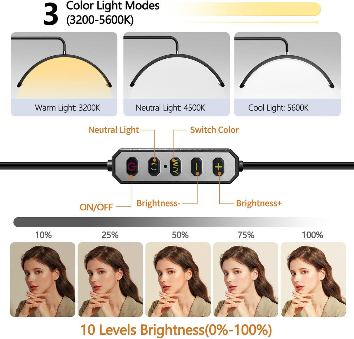 Half Moon PMU & Lash Ring Light for Salon – Black/White