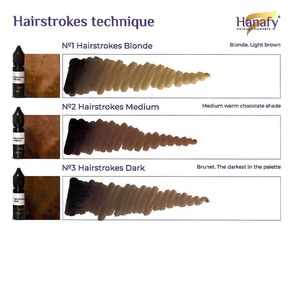 Hanafy Hairstrokes brow pigment swatches, Blonde, Medium and Dark