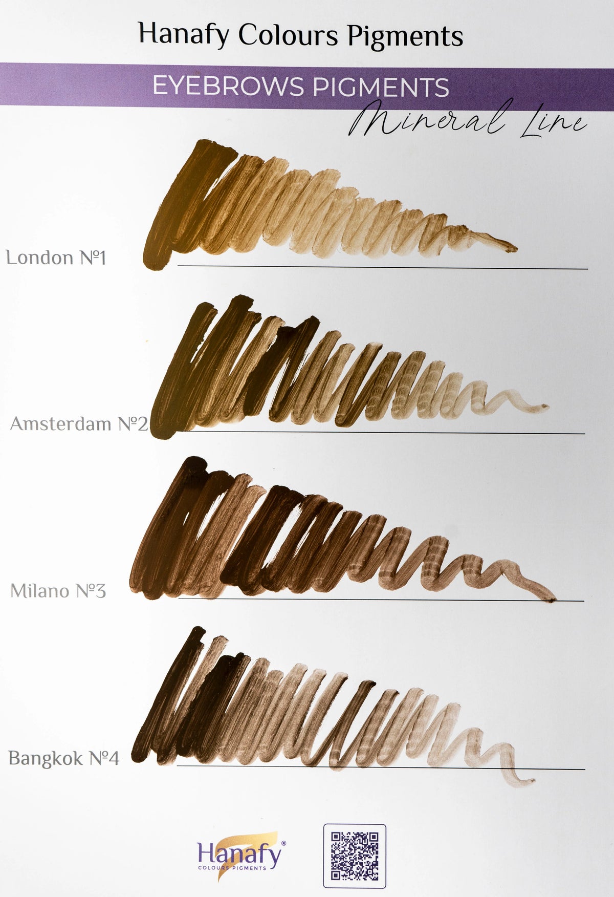 Hanafy Mineral brow pigment swatches, London, Amsterdam, Milano and Bangkok