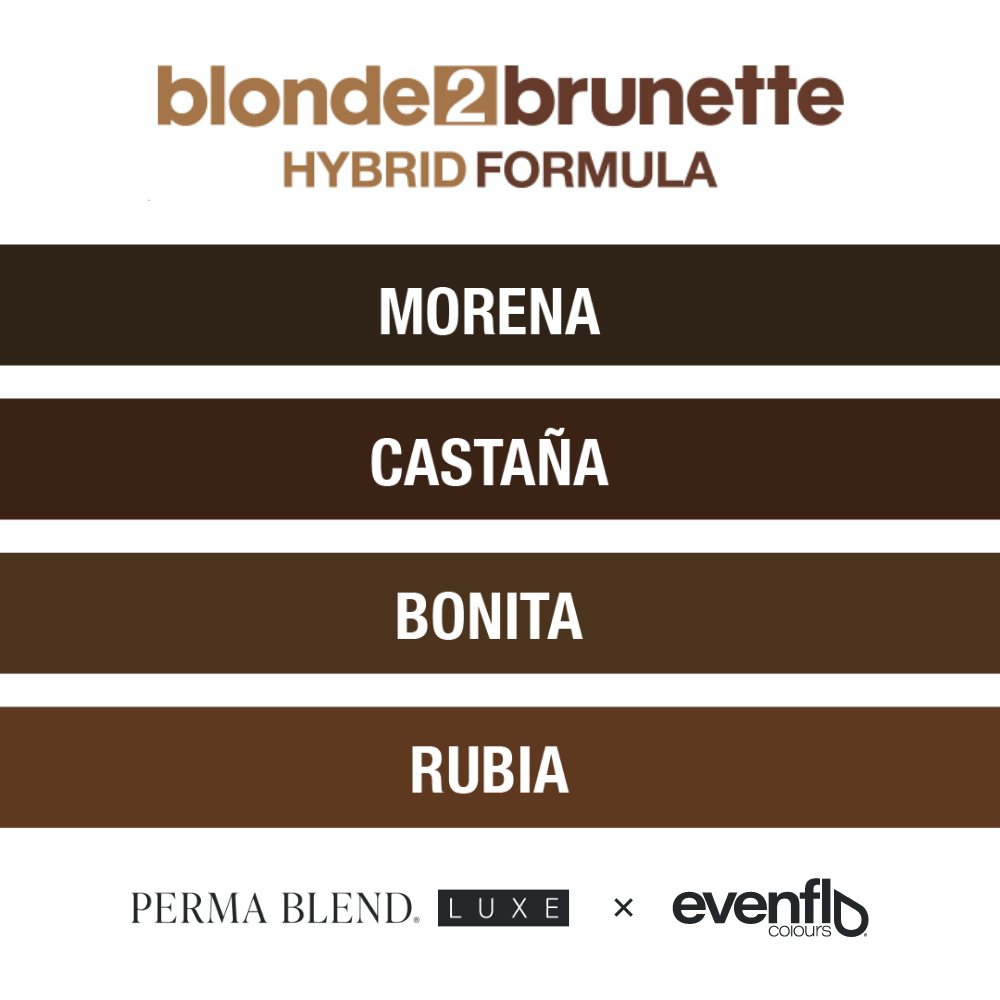 Perma Blend Evenflo LUXE Blonde 2 Brunette color chart: Morena, Castaña, Bonita and Rubia