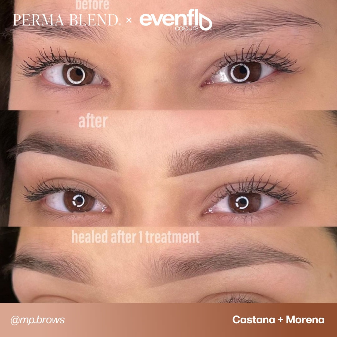Brow permanent makeup example using Perma Blend Evenflo LUXE Castaña and Morena pigments