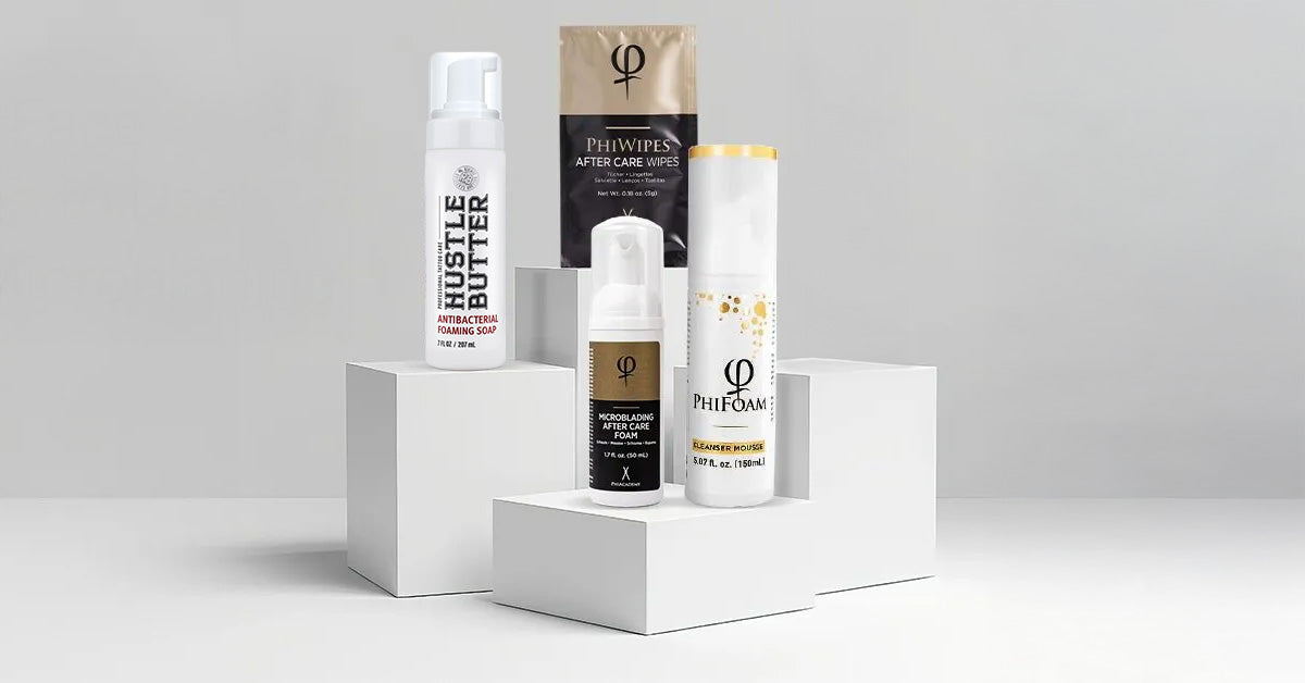 Gentle face washes and aftercare products for cleaning and caring for microbladed eyebrows, recommended by PMU artists for safe healing and pigment retention