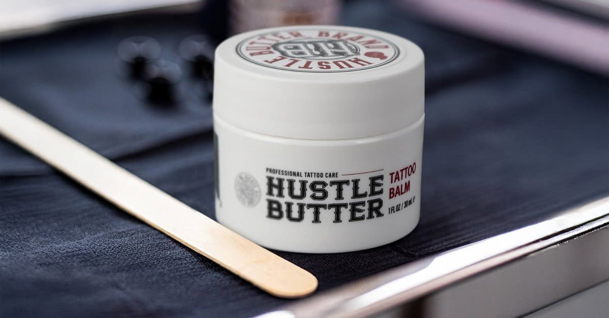 Hustle Butter Deluxe aftercare cream for PMU, microblading, and tattoo skin care, showing application and benefits