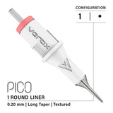 Cartuchos de agujas PMU texturizados Vertix Pico 1 Round Liner de 0,20 mm de largo (20 piezas/1 caja)