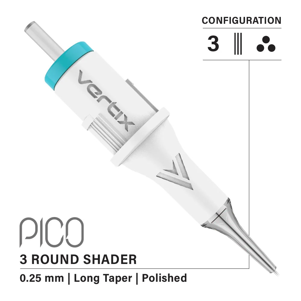 Vertix Pico 3 Round Shader 0.25 mm Long Taper PMU Needle Cartridges (20pcs/1box)