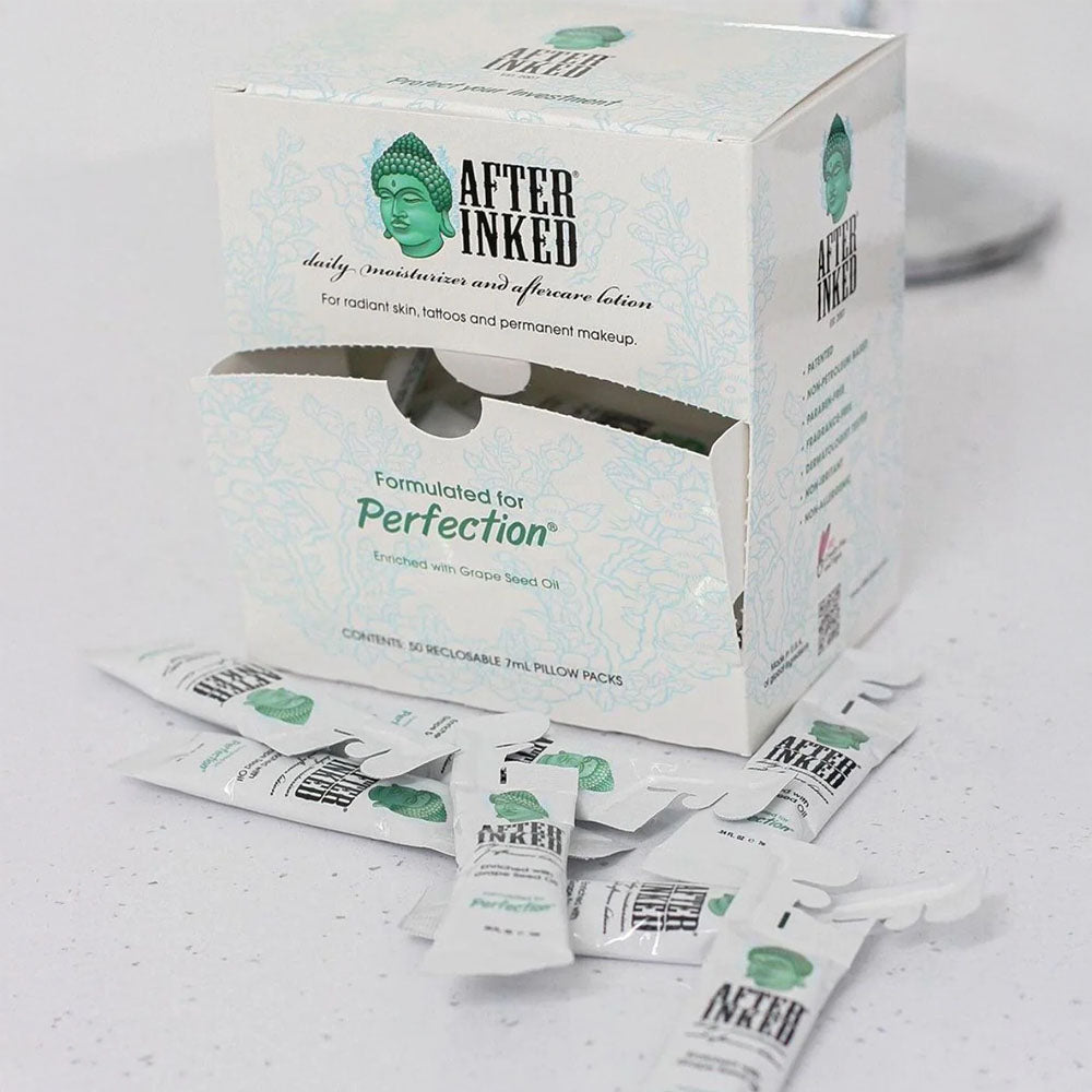 After Inked® PMU Aftercare Lotion Moisturizer - 7ml Reclosable Pillow Packs – 50-PC Dispenser Box
