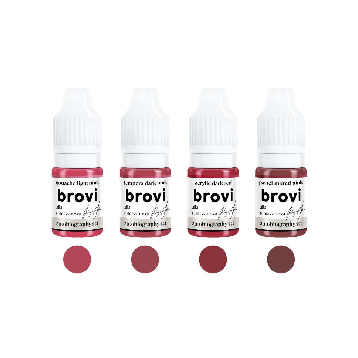 Brovi Autobiography lip pigment set with four bottles and color swatches
