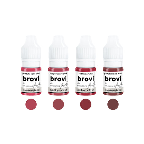 Brovi Autobiography lip pigment set with four bottles and color swatches