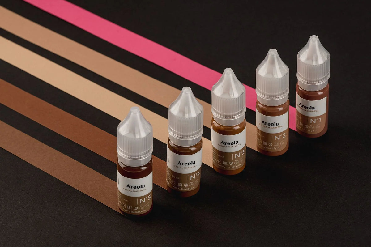 Hanafy Areola collection bottles with pigment swatches