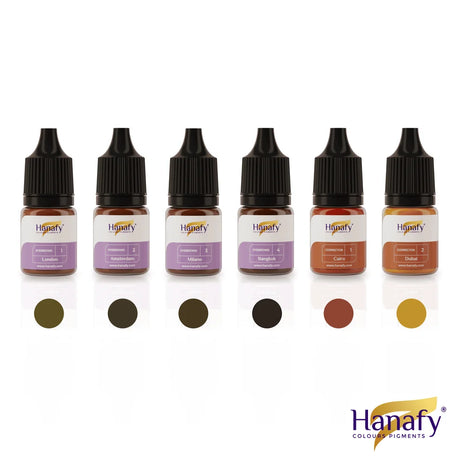 Hanafy Mineral Brow Pigment Set – bottles and color swatches
