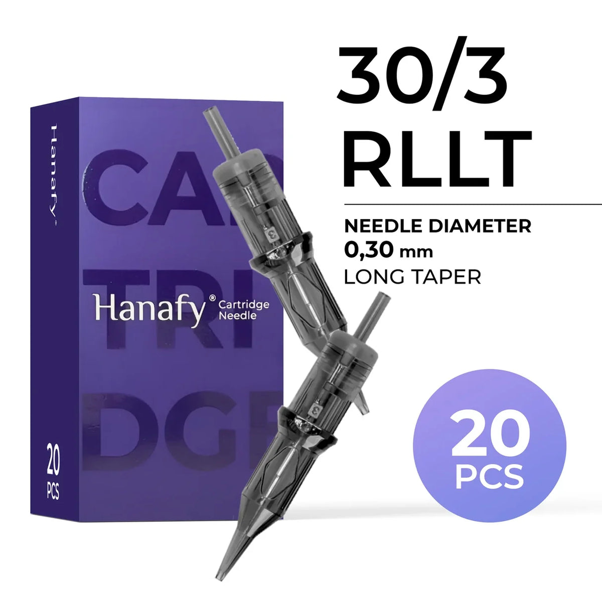 Hanafy PMU needle cartridge — 0.30 — 3 — Round Liner - Long Taper (RLLT)