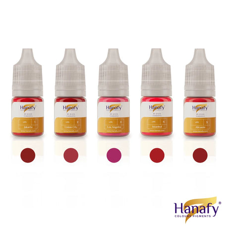 Hanafy Passion Palette Lip Pigment Set – bottles and color swatches