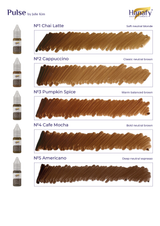 Hanafy Pulse brow pigment shade chart, Chai Latte, Cappuccino, Pumpkin Spice, Cafe Mocha and Americano