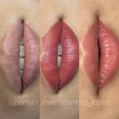 Lip permanent makeup before and after using Perma Blend Evenflo Classic Neutralizer and Malina and Bare pigments