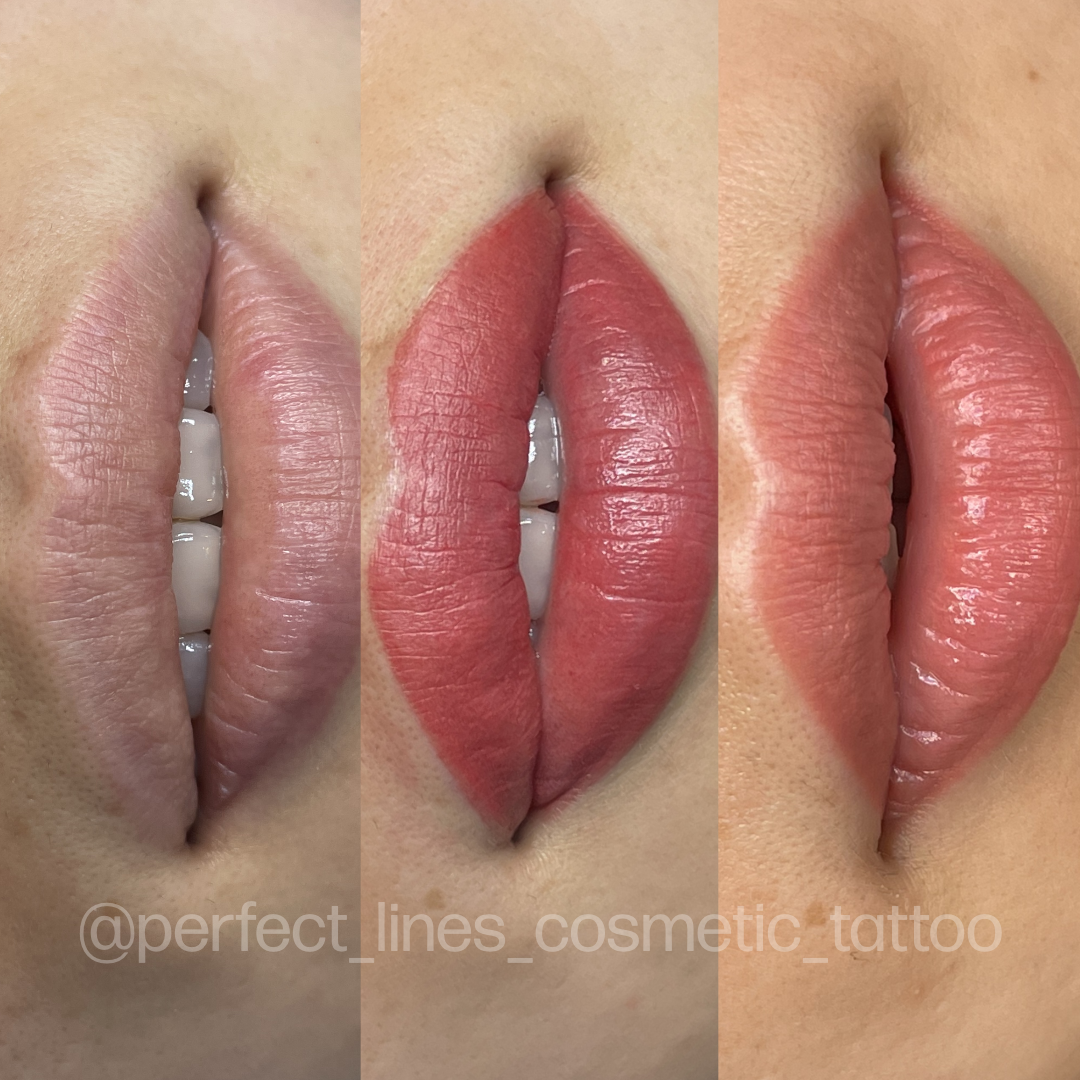 Lip permanent makeup before and after using Perma Blend Evenflo Classic Neutralizer and Malina and Bare pigments