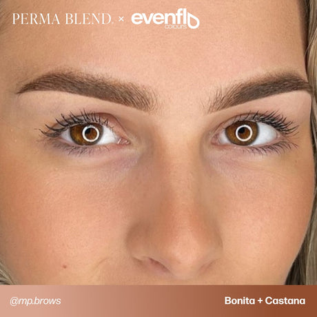 Brow permanent makeup example using Perma Blend Evenflo LUXE Castaña and Bonita pigments