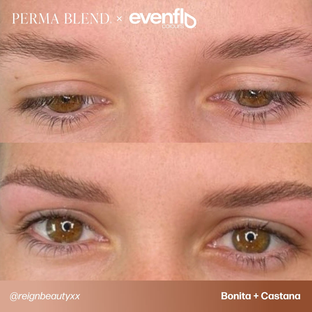 Brow permanent makeup example using Perma Blend Evenflo LUXE Castaña and Bonita pigments