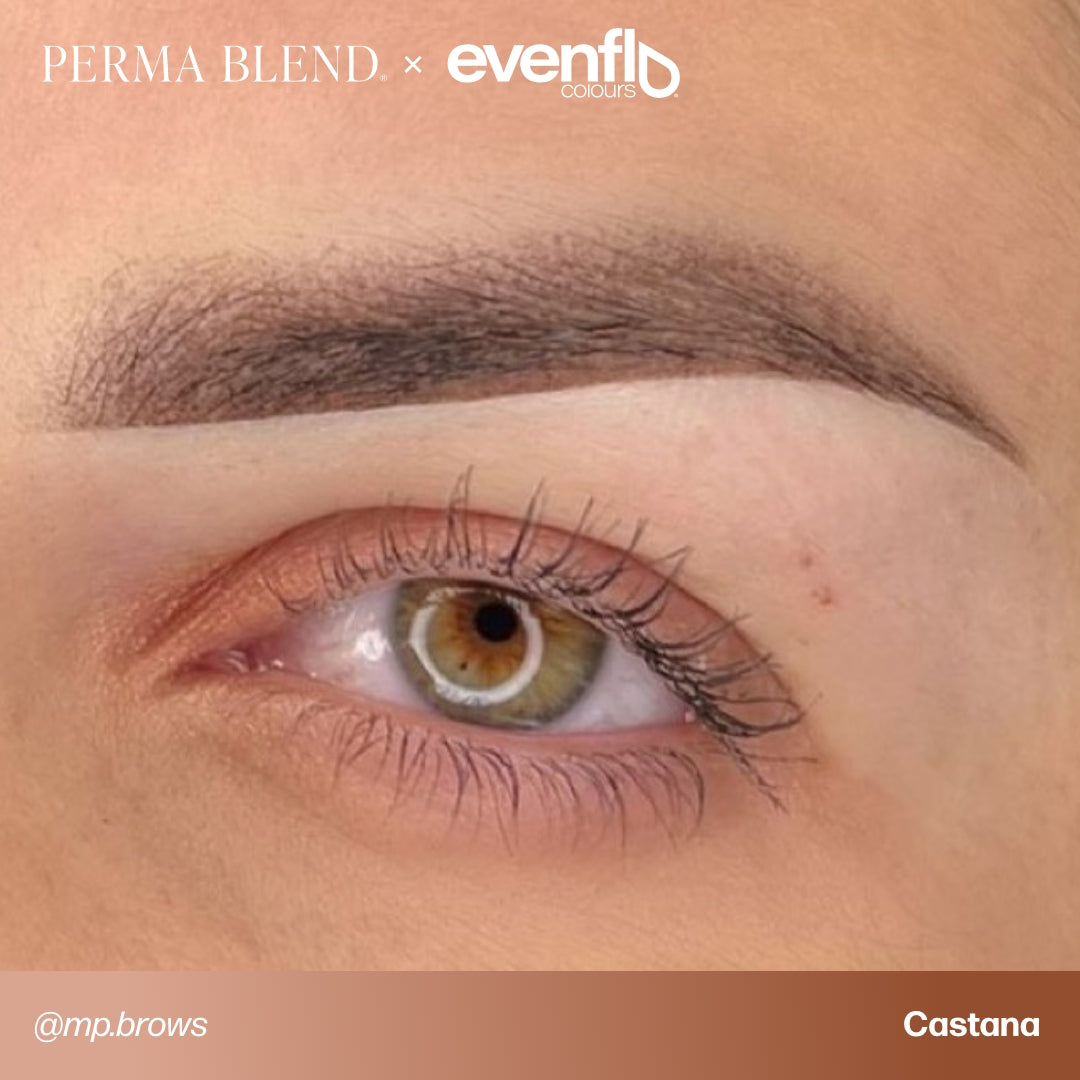Brow permanent makeup example using Perma Blend Evenflo LUXE Castaña pigments