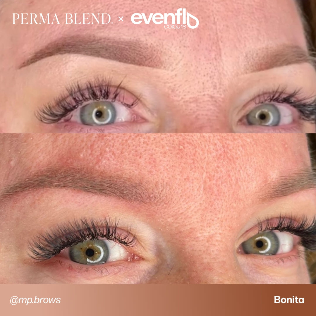 Brow permanent makeup example using Perma Blend Evenflo LUXE Bonita pigments