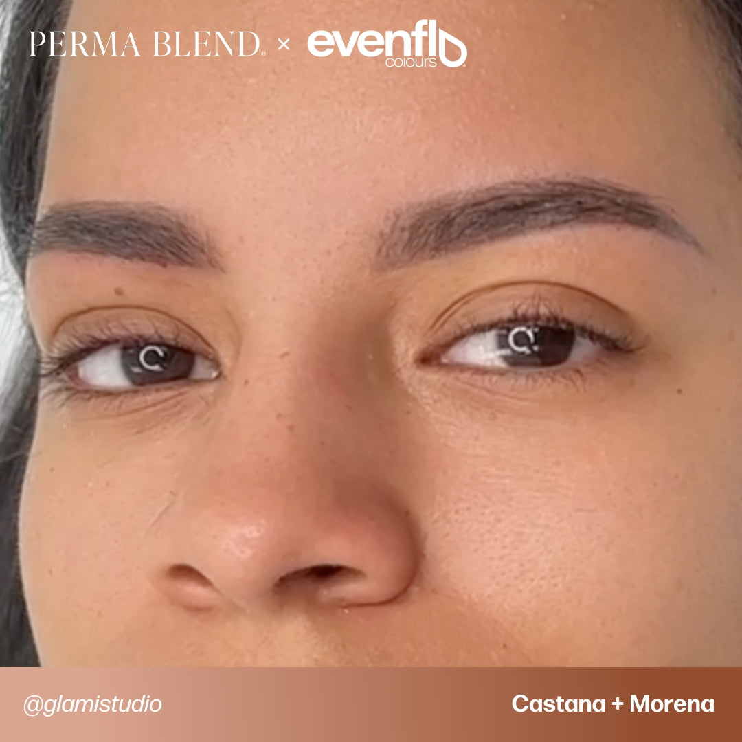 Brow permanent makeup example using Perma Blend Evenflo LUXE Castaña and Morena pigments