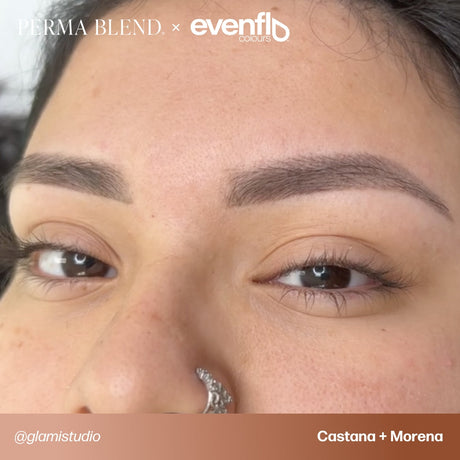 Brow permanent makeup example using Perma Blend Evenflo LUXE Castaña and Morena pigments