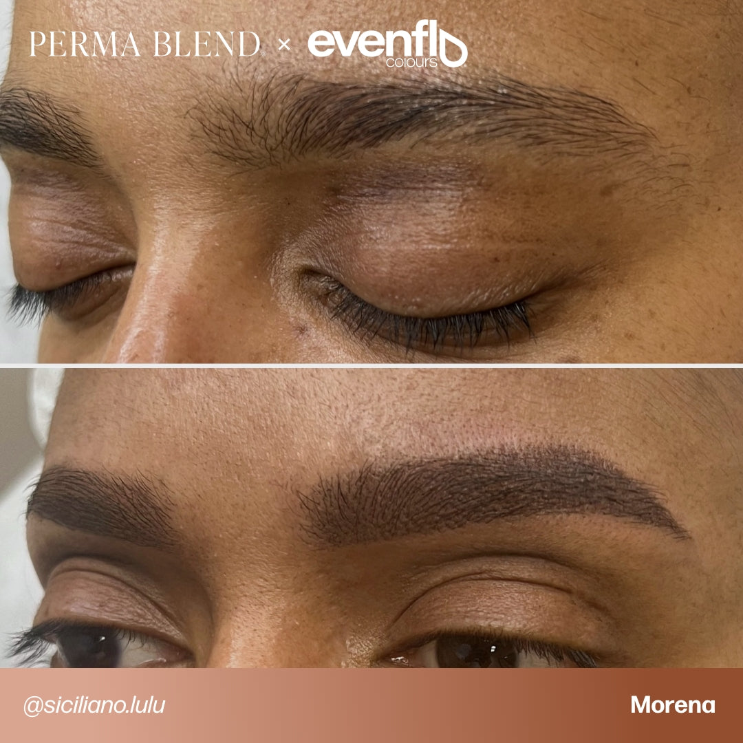 Brow permanent makeup example using Perma Blend Evenflo LUXE Morena pigments