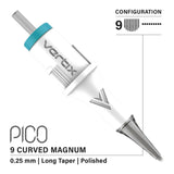 Cartuchos de agujas PMU Vertix Pico 9 Curved Magnum de 0,25 mm de largo (20 piezas/1 caja)