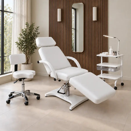 Silhouet-Tone Elite Silver Star treatment chair, Deluxe Contoured stool and TX3 trolley in a modern PMU studio.