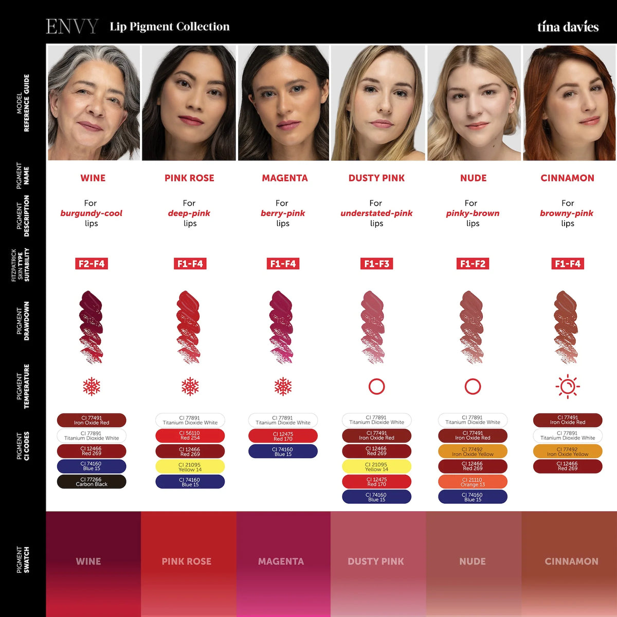 Tina Davies Envy lip pigment color chart with shade references and pigment information