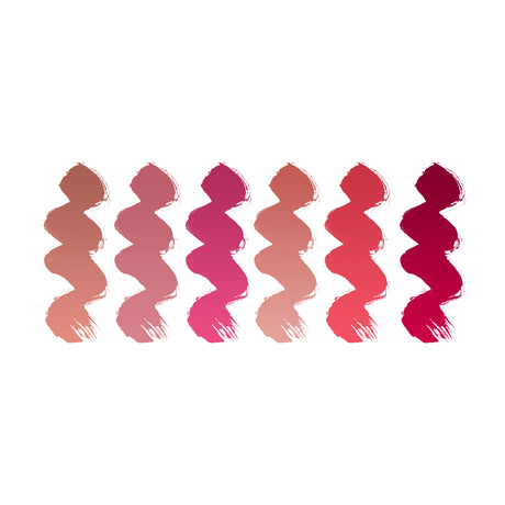 Tina Davies Envy lip pigment color swatches: Cinnamon, Dusty Pink, Magenta, Nude, Pink Rose and Wine