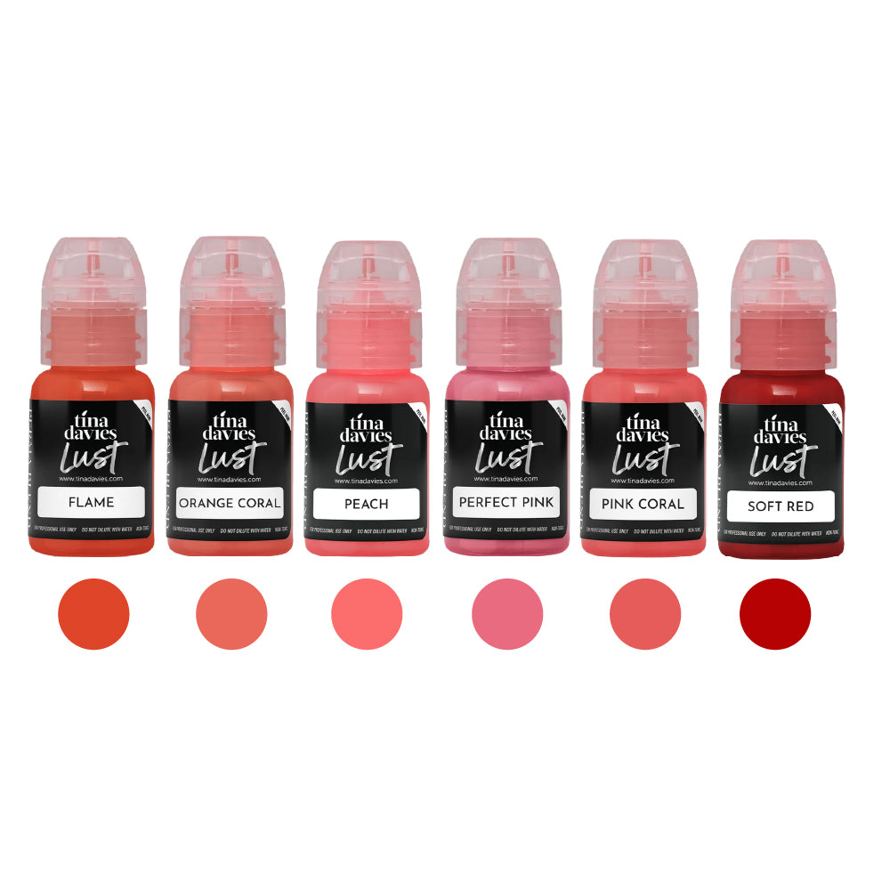 Tina Davies Lust lip pigment set with six 15 ml bottles: Flame, Orange Coral, Peach, Perfect Pink, Pink Coral and Soft Red