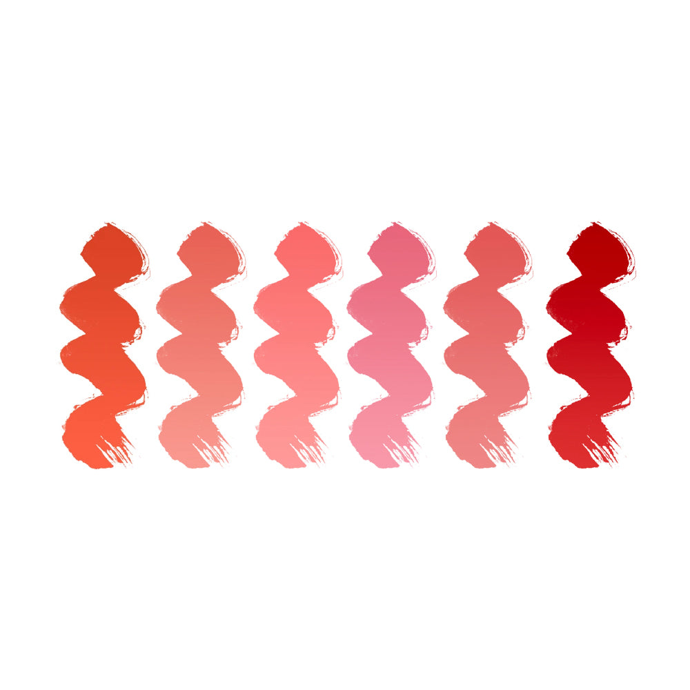 Tina Davies Lust lip pigment color swatches: Flame, Orange Coral, Peach, Perfect Pink, Pink Coral and Soft Red