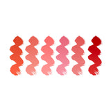 Tina Davies Lust lip pigment color swatches: Flame, Orange Coral, Peach, Perfect Pink, Pink Coral and Soft Red