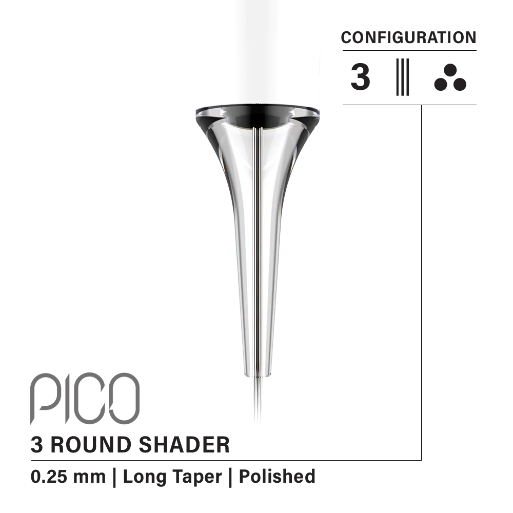 Vertix Pico 3 Round Shader 0.25 mm Long Taper PMU Needle Cartridges (20pcs/1box)