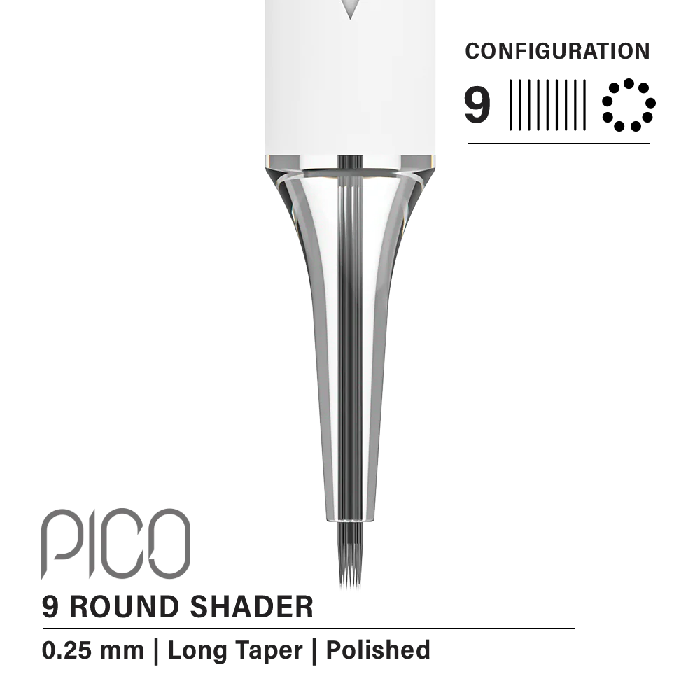 Vertix Pico 9 Round Shader 0.25 mm Long Taper PMU Needle Cartridges (20pcs/1box)