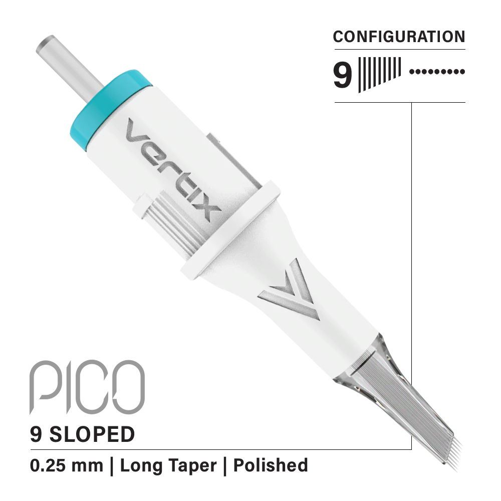 vertix pico sloped 9 0.25 mm pmu tattoo cartridge needles angle